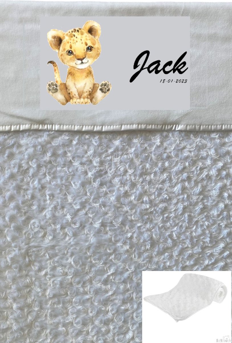 Soft Touch Babydeken Wit Leeuw met naam en geboortedatum - Wiegdeken met naam - extra zacht 75 x 100 cm - Gepersonaliseerd - Babydekentje voor ledikant - Jongen - Babydeken voor kinderwagen - Kraamcadeau - Kraamcadeau met naam - deken met naam