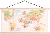 Posterhanger incl. Poster - Schoolplaat - Wereldkaart - Stempels - Kleuren - 150x75 cm - Blanke latten