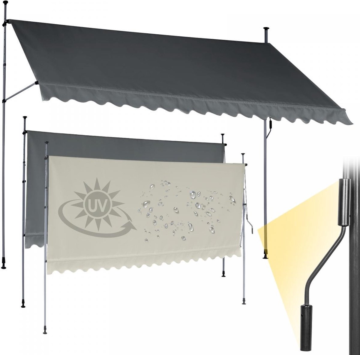 Jago - In Hoogte Verstelbare Luifel met UV-bescherming en Slinger - 350x80 cm - Waterafstotend voor op het Balkon of Terras - Zonbescherming - Zonnescherm - Terrasluifel - Antraciet