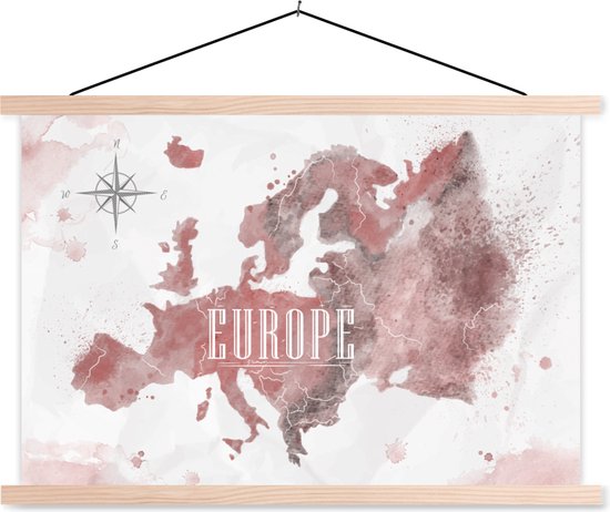 Posterhanger incl. Poster - Schoolplaat - Kaart - Europa - Waterverf - Kompas - 150x100 cm - Blanke latten