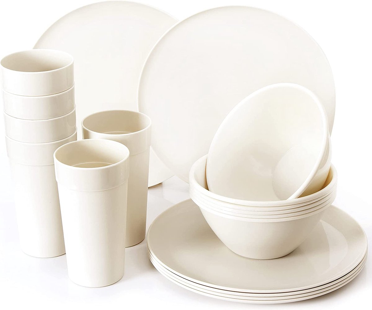 Youngever 18 Stuks Plastic Servies Set, Vaatwerk Set, Tafelgerei Set, Plastic Grote Kom 1000ML, Plastic Borden 25CM, Plastic Bekers 600ML (Cream)