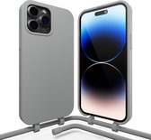 Coverzs Silicone case met koord - Telefoonhoesje met koord - Backcover hoesje met koord - touwtje - geschikt voor Apple iPhone 14 Pro - grijs