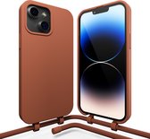 Coverzs Silicone case met koord - Telefoonhoesje met koord - Backcover hoesje met koord - touwtje - geschikt voor Apple iPhone 14 Plus - bruin