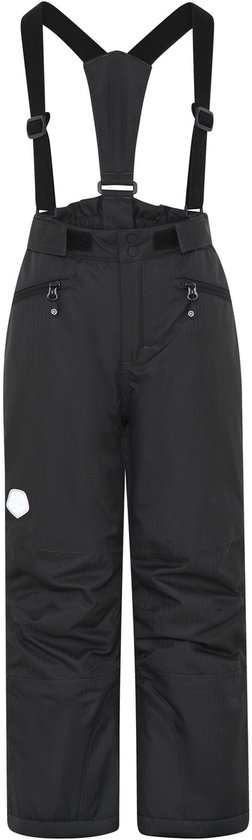 Pantalon de ski noir à chevrons avec bretelles réglables, boutons-pression, poches zippées et logo réfléchissant.