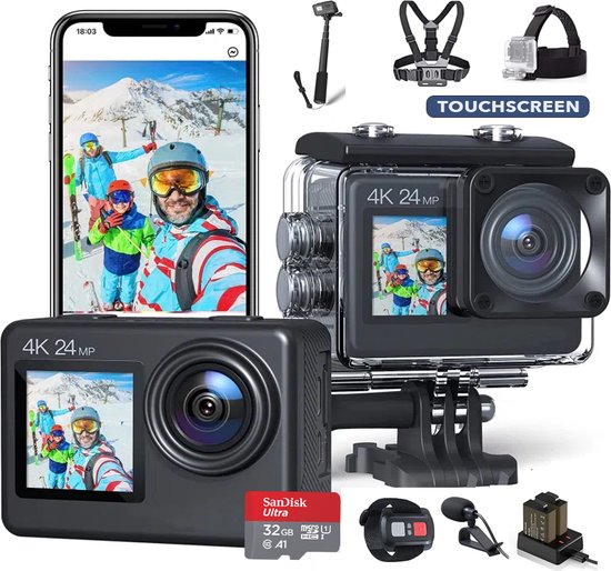 JC's - Action Camera 4K - Touchscreen - Inclusief 32GB SD kaart - Borstband  - Selfie... | bol.com