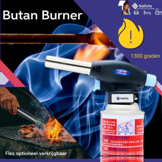 Vivefly Kitchen Salivio Butan Burner - Universele Gasbrander voor Creme Brulee, Keuken, Kamperen en Barbecue - Draagbare Butaan Brander - Kookgerei - Exclusief Gasbus