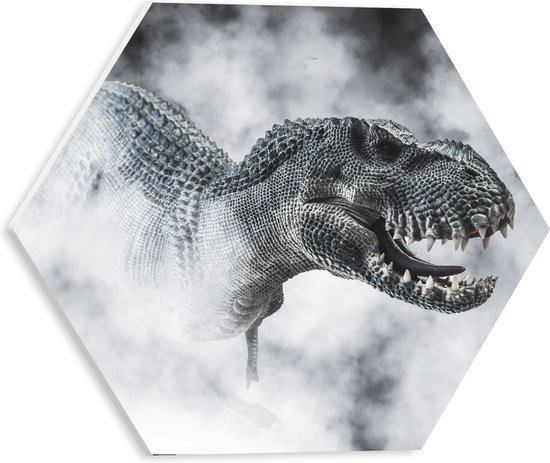 PVC Schuimplaat Hexagon - Gevaarlijke T-rex Dinosauris in de Mist (Zwart- wit) - 30x26.1 cm Foto op Hexagon (Met Ophangsysteem)