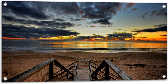 WallClassics - Poster de jardin - Escaliers vers la plage avec coucher de soleil - 100 x 50 cm Photo sur poster de jardin (décoration murale pour l'extérieur et l'intérieur)