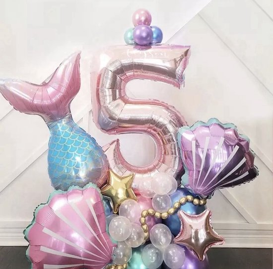 Zeemeermin ballon - 5 jaar - 33 Stuks - Mermaid ballon - De kleine zeemeermin / The little Mermaid - Verjaardag versiering - Kinderfeestje Zeemeermin -Roze ballon - Blauwe ballon - Turquoise ballon - Paarse ballon - Helium ballon - Feestpakket