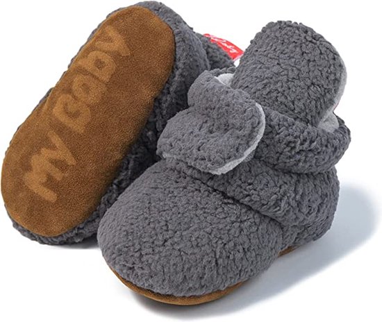 Babyslofjes - warme slofjes voor je baby - 0-6 maanden (11 cm) - schoenmaat 17/18 - donkergrijs
