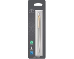 Parker Jotter-balpen | Roestvrij staal met gouden afwerking | Medium punt met blauwe inkt
