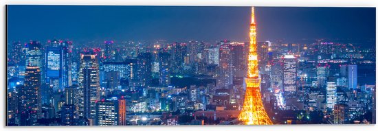 Dibond - Skyline in Tokio met Verlichte Tokiotoren - 60x20 cm Foto op Aluminium (Met Ophangsysteem)