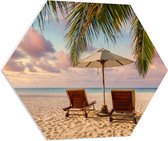 PVC Schuimplaat Hexagon - Twee Ligbedden op het Strand met Palmboom - 70x60.9 cm Foto op Hexagon (Met Ophangsysteem)