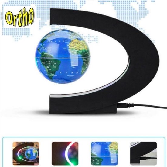 Support noir en forme de C avec un globe flottant. Petites images du globe et des accessoires en bas.