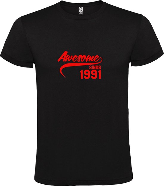 Zwart T-Shirt met “Awesome sinds 1991 “ Afbeelding Rood Size S