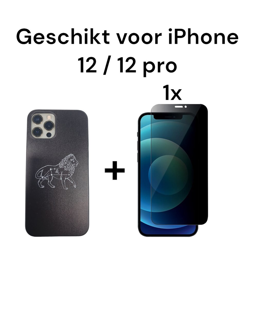 iphone 12 / 12 pro hoesje leeuw siliconen met leeuw + 1x privacy screenprotector - apple iphone 12 / 12 pro lion sign rubber achterkant zwart back cover + 1x privacy tempered glass