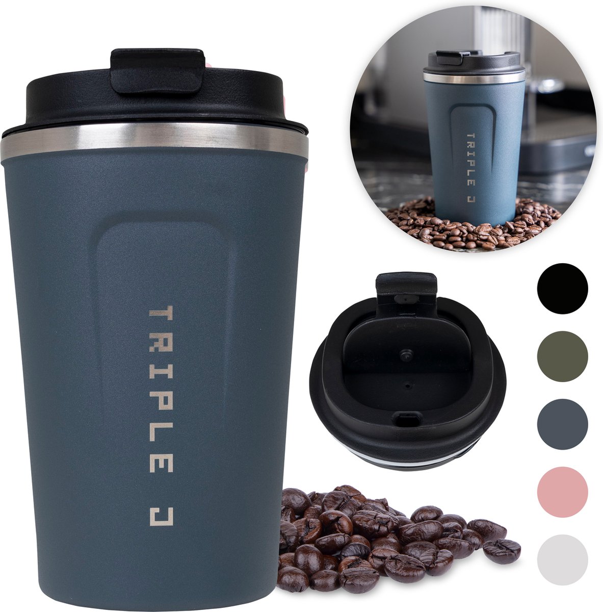 Triple J® Koffiebeker To Go - Thermosbeker - BPA & Lekvrij - 380ml - Blauw