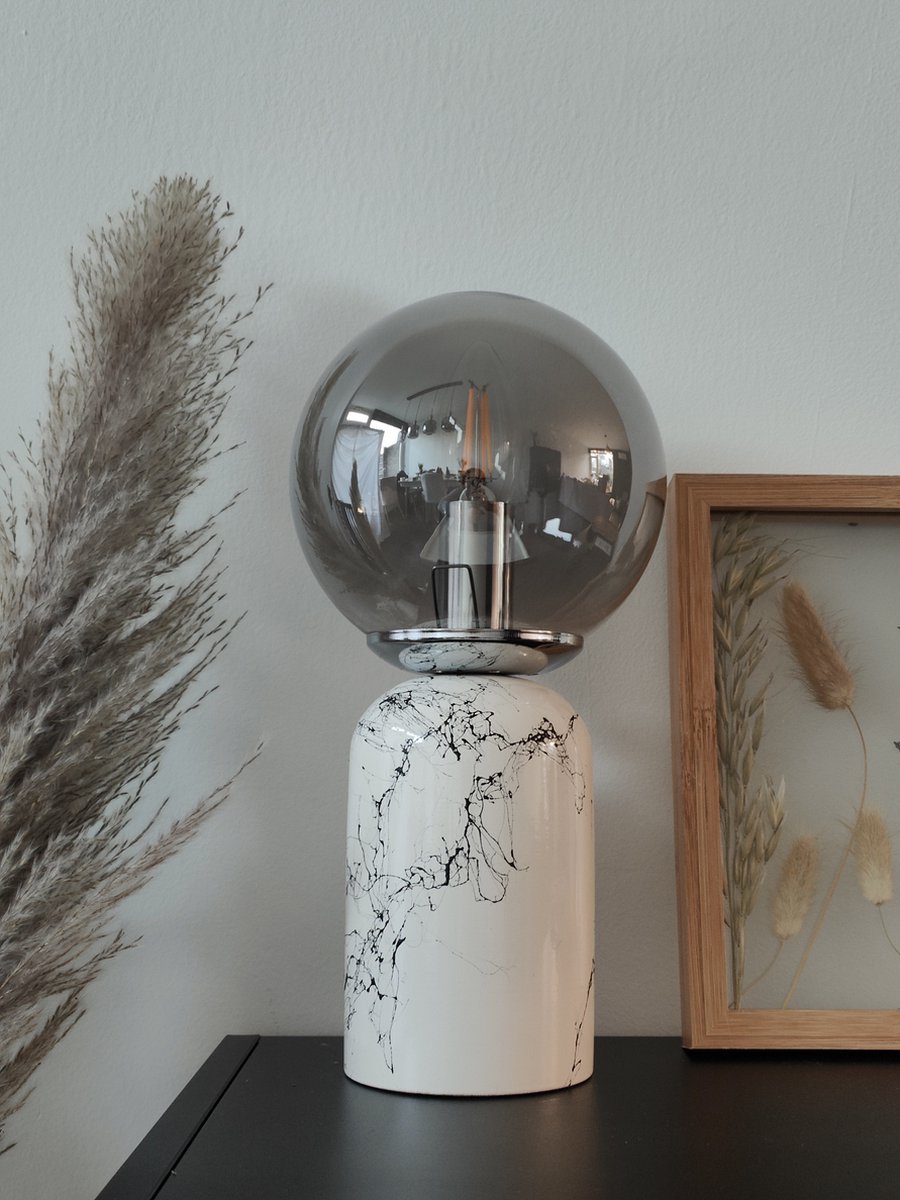 BlueIsle Deco. Marble Tafellamp - Créme met Smoke glas - H30-Ø15