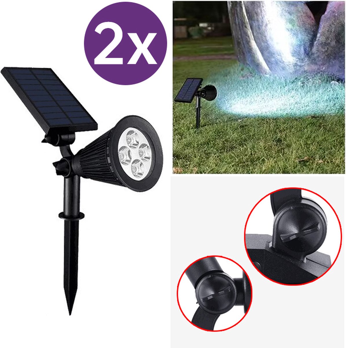2 Stuks led solar spot light -IP65-voor wandmontage of grondspies-wit licht
