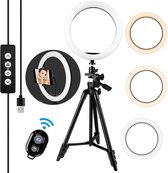 Amzdeal »AZ-12« studio-statiefflitser (ringlicht 10 inch met statief - 3 kleuren dimbare 360 ​​° rotatie-gimbals)