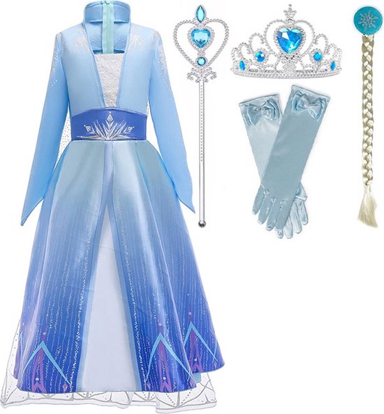 Stout Tegen de wil Gestaag Frozen Elsa jurk met sleep Maat: 122/128 (130) 7-8 jaar + kroon - staf -  Elsa vlecht -... | bol.com