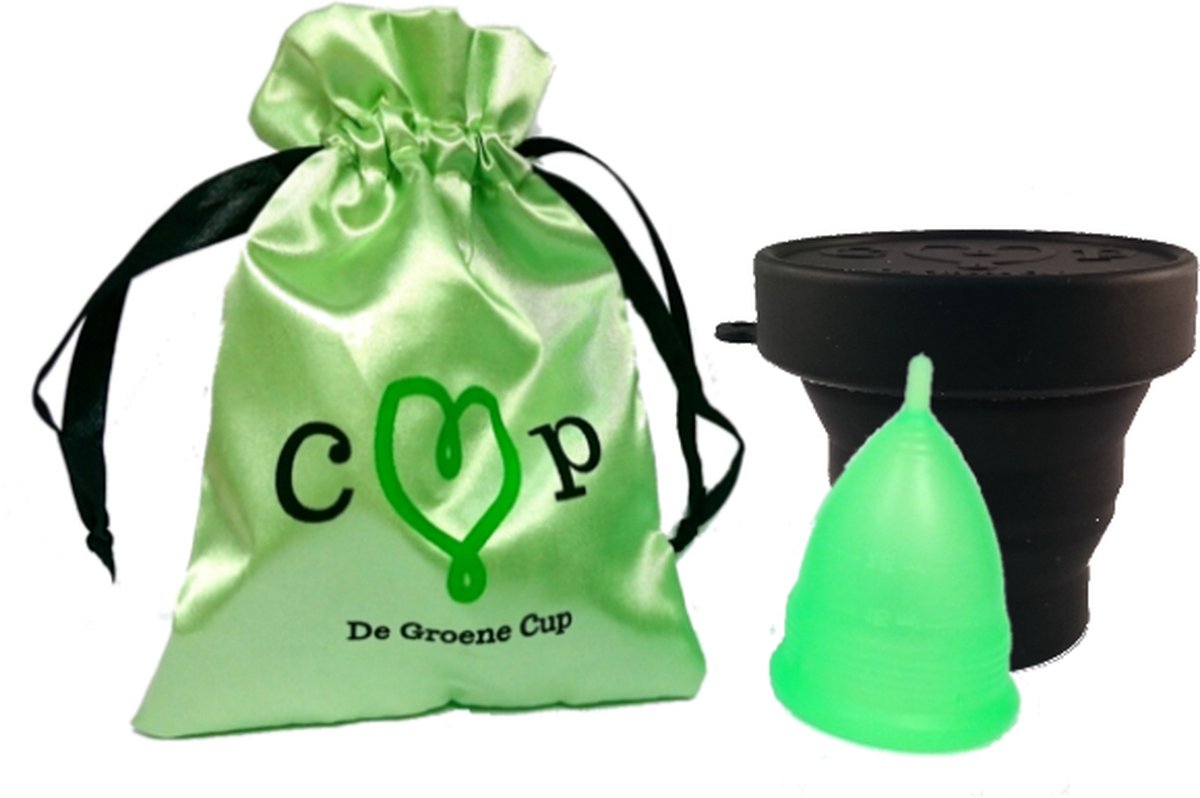 De Groene Cup Model V - voor tieners (extra small) - herbruikbare menstruatie cup + sterilisator (zwart) - duurzaam menstrueren - zero waste - gezond alternatief voor tampons en maandverband - De Groene Cup