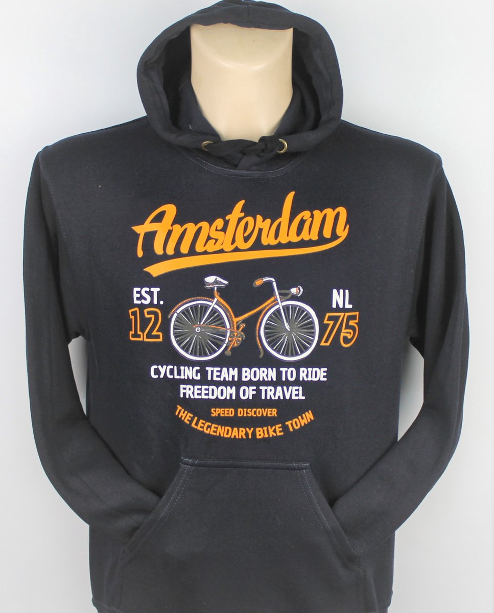 Hooded Sweater - Met Trekkoord - Capuchon - Chill - Trui - Vest - met capuchon - Outdoor - Fiets - Discover - 1275 -Amsterdam - Bike Town - Travel - Oranje Fiets - Navy - Maat M