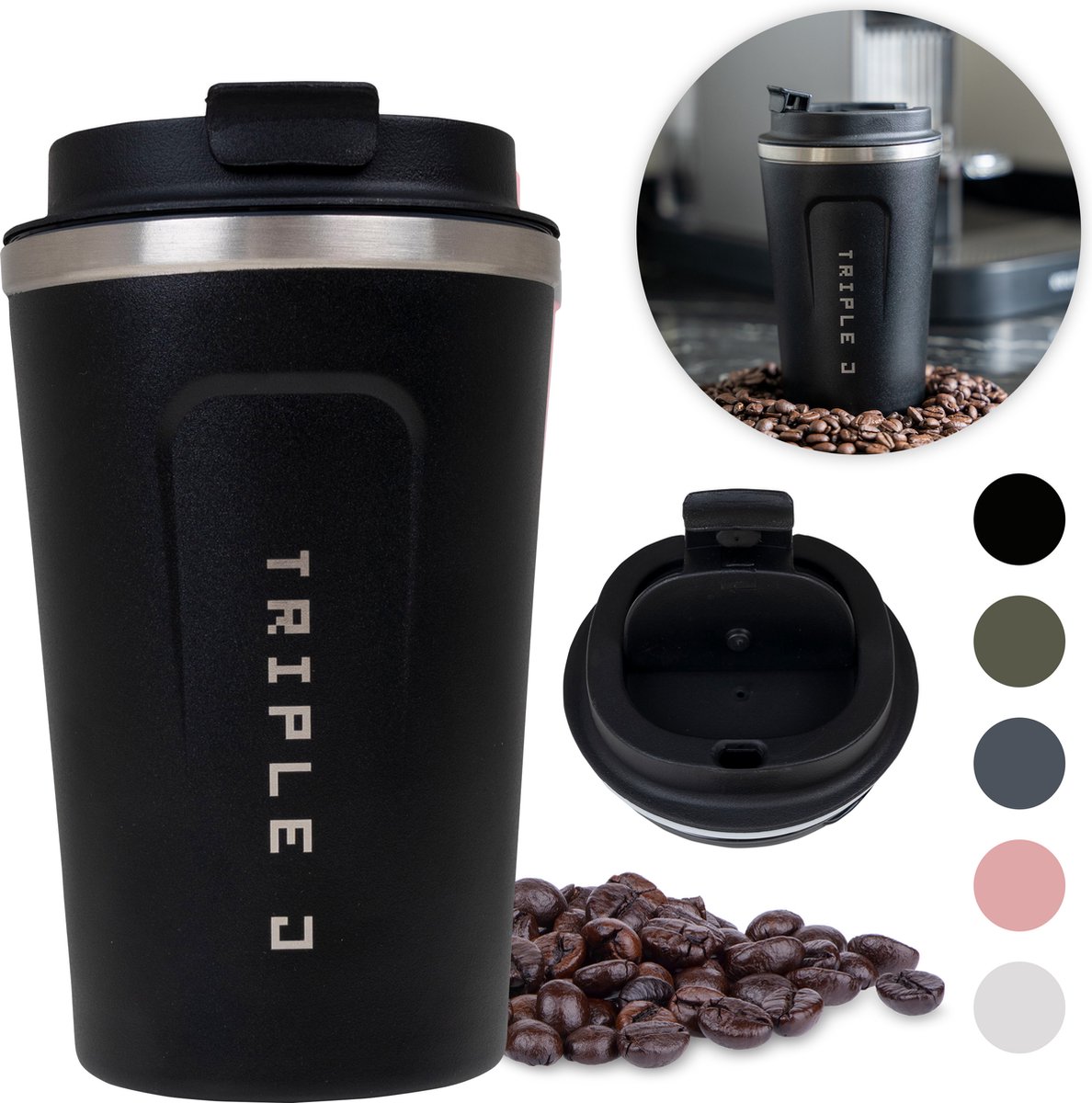 Triple J® Koffiebeker To Go - Thermosbeker - BPA & Lekvrij - 380ml - Zwart
