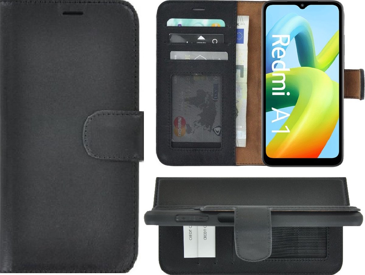 MoDo hoesje Geschikt voor Xiaomi Redmi A1/ Redmi A2 - Echt Leer Book Case - Zwart