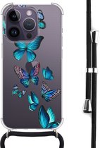 iPhone 14 Pro Max hoesje met koord - Vlinders blauw - Siliconen Case - Shock proof - Zwart koord - Crossbody - Back Cover - Transparant, Blauw