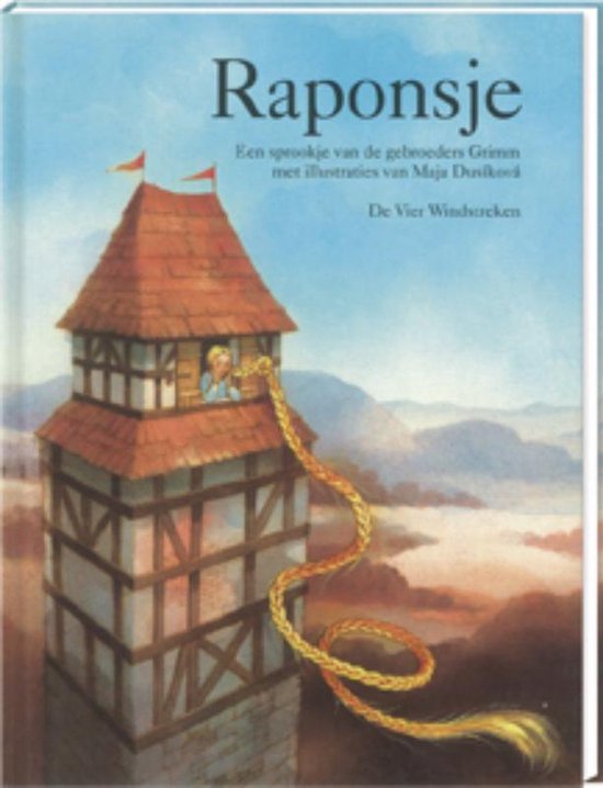 Boekomslag van Raponsje, met een illustratie van een toren met een lang gouden haar dat naar beneden hangt.