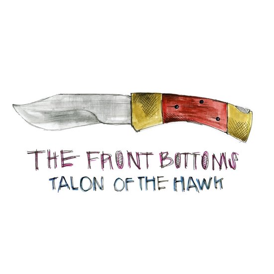 Illustratie van een mes met een rood en goud handvat, met de tekst 'THE FRONT BOTTOMS TALON OF THE HAWK'.