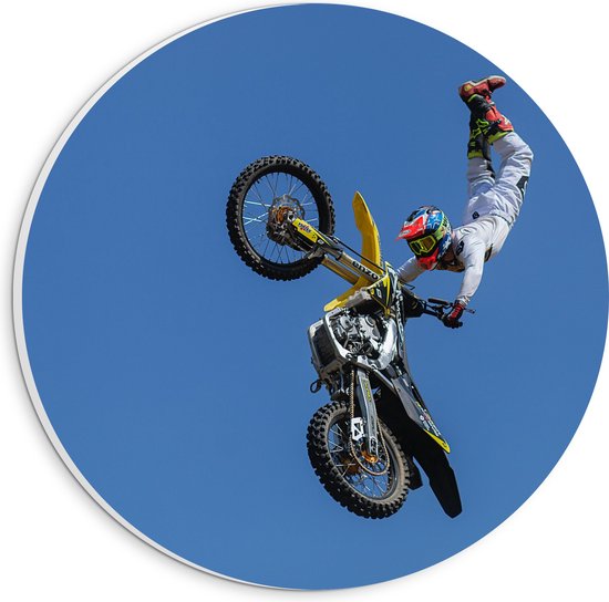 Foto: Wallclassics pvc schuimplaat muurcirkel freestyle motocross boven boom 20x20 cm foto op muurcirkel met ophangsysteem 