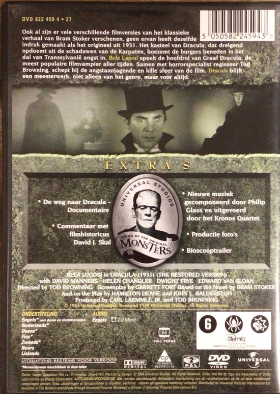 DVD-hoes met informatie over de film 'Dracula' (1931), met afbeeldingen van klassieke monsters en filmsterren.
