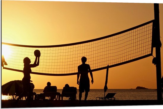 Dibond - Silhouet van Gelukkig Familie op het Strand tijdens Volleybal - 90x60 cm Foto op Aluminium (Met Ophangsysteem)