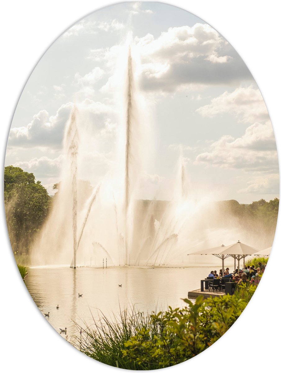 PVC Schuimplaat Ovaal - Waterfontein in een Meer - 60x80 cm Foto op Ovaal (Met Ophangsyste