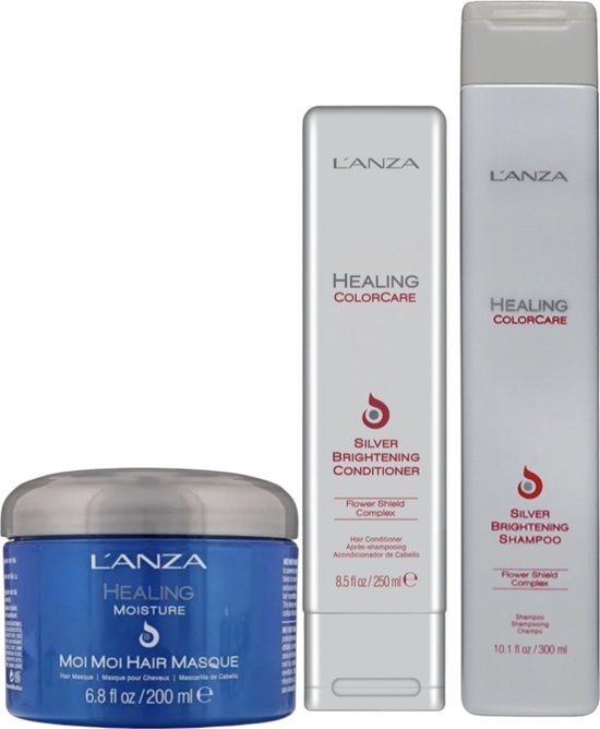 L'Anza - Healing Moisture - Moi Moi Hair Masque - 200 ml & L'anza Silver Brightening Shampoo 300 ml - Zilvershampoo vrouwen & L'Anza - Healing Color - Silver Brightening Conditioner - 250 ml