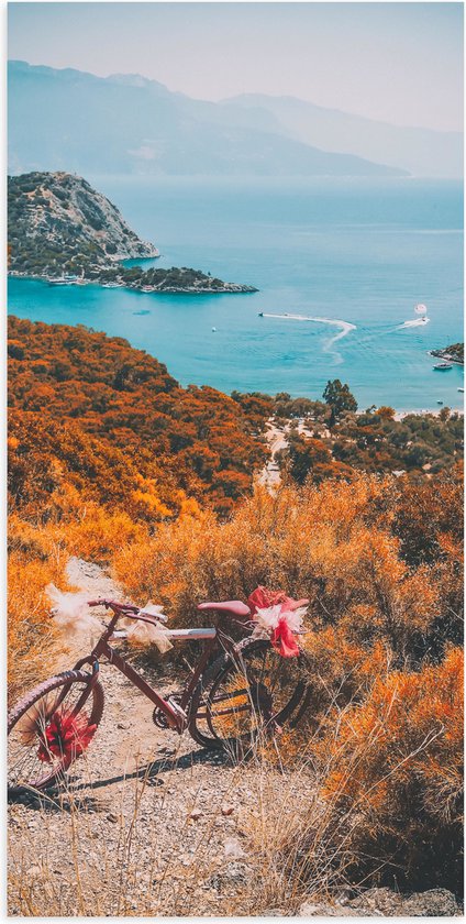 Poster Glanzend – Fiets Geparkeerd op Bergpad dor Begroeiing naar de Zee - 50x100 cm Foto op Posterpapier met Glanzende Afwerking