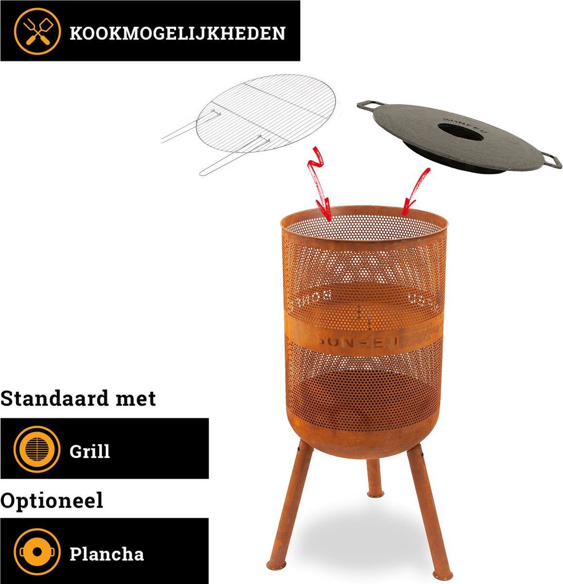 BonFeu BonVes Fire Basket 45 cm - With Grill Grate and Poker - Rust Brown