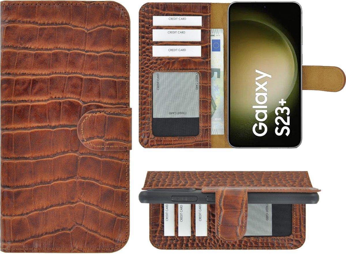 MoDo hoesje Geschikt voor Samsung Galaxy S23+ - Echt Leer Book Case - Croco Kaneelbruin