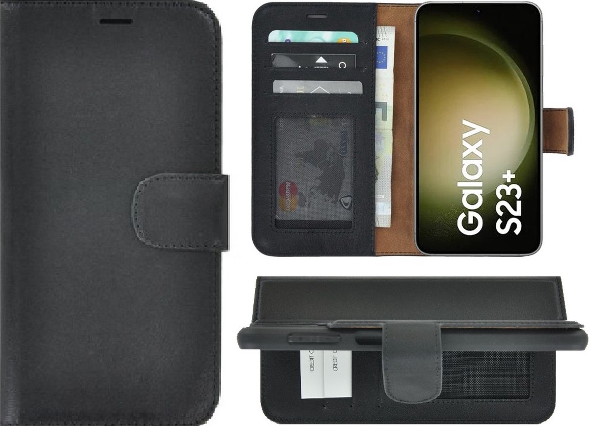 MoDo hoesje geschikt voor Samsung Galaxy S23+ - Echt Leer Book Case - Zwart