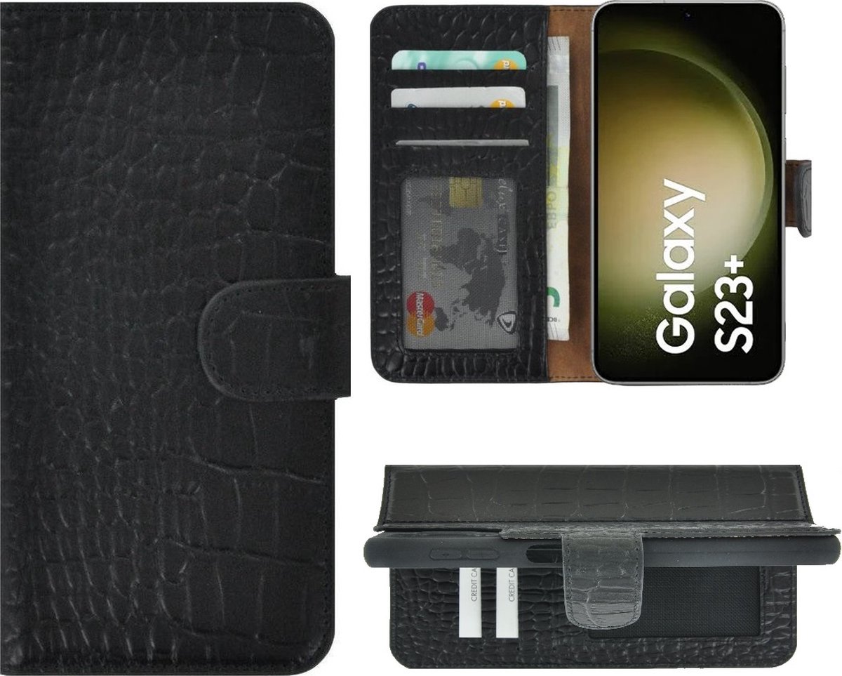 MoDo hoesje Geschikt voor Samsung Galaxy S23+ - Echt Leer Book Case - Croco Zwart