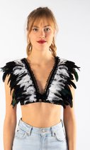 KIMU® Ressorts top noir blanc - XS SM - eskimo bird showgirl plume top Indian eagle pie - steampunk plume top crop top plumes costume Indiens