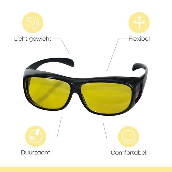 Zwarte bril met gele glazen, met de tekst: Licht gewicht, Flexibel, Duurzaam, Comfortabel.