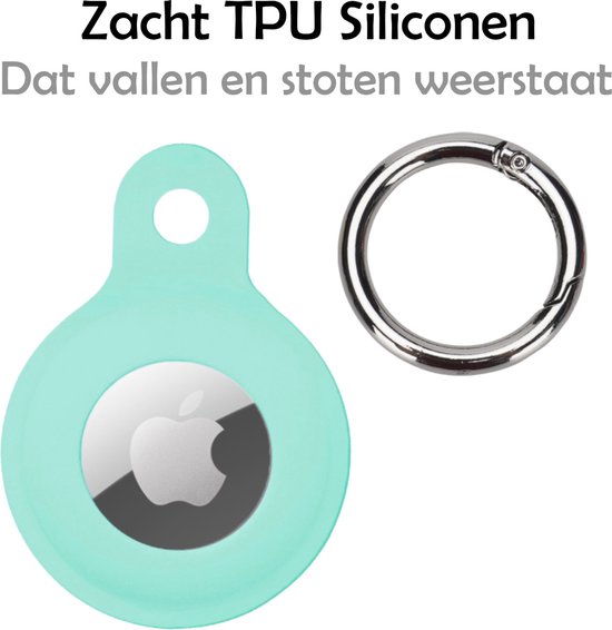 Turquoise hoesje met Apple logo en zilverkleurige losse sleutelring. Tekst: "Zacht TPU Siliconen Dat vallen en stoten weerstaat".