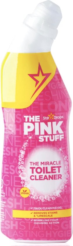 Roze fles toilet cleaner met gele accenten en een ster-logo. De tekst "THE PINK STUFF THE MIRACLE TOILET CLEANER" is zichtbaar.