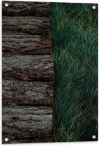 WallClassics - Tuinposter – Houten Pad langs Grasveld - 60x90 cm Foto op Tuinposter  (wanddecoratie voor buiten en binnen)