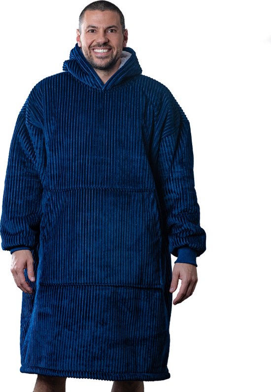 Corduroy Hoodie - Plaid met mouwen - Sweater Velours - Marine blauw
