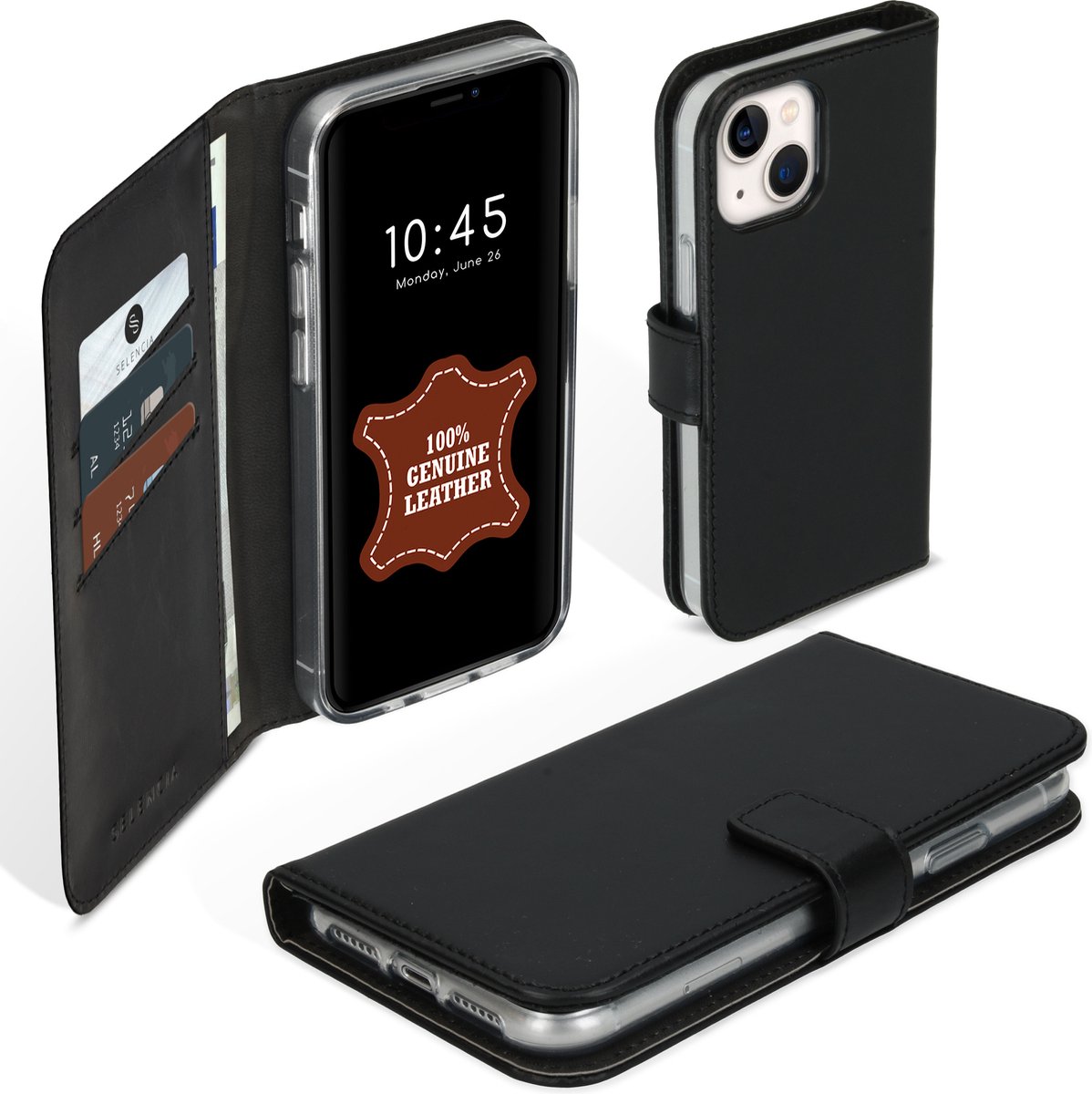 iPhone 13 Mini Hoesje Met Pasjeshouder Selencia Echt Lederen Bookcase Zwart bol