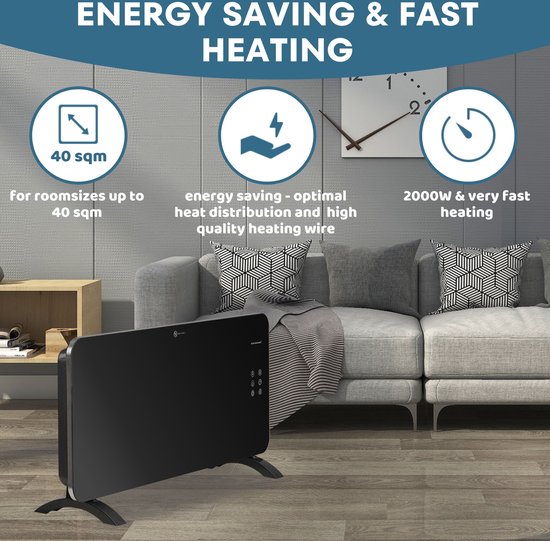 Klarstein Bornholm Curved Smart - calentador de convección, pantalla LED, pantalla táctil, temporizador, control de aplicaciones, 2 niveles de calefacción 1000 y 2000 vatios, termostato 5 - 45 ° C
